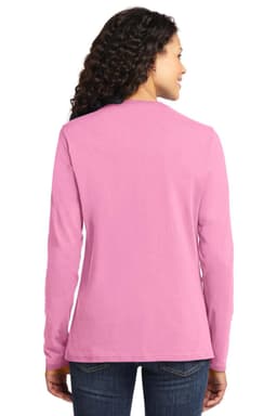 A pink long sleeve tee with a round neckline, featuring a logo on the back.