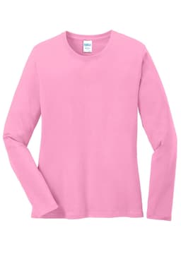 A pink long sleeve t-shirt made of core cotton with a logo on the label.