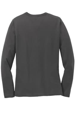 A long sleeve ladies' tee in dark grey with a simple design and a logo on the back.