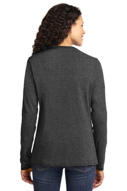 A long sleeve women's T-shirt in dark grey with a fitted style, featuring a back view. It has a logo present.