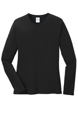 A black long sleeve core cotton tee with a round neckline and a logo on the label.