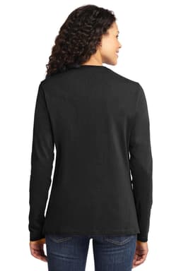 A black long sleeve tee featuring a round neck and a simple design. The back view displays a sleek cut.