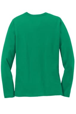 A green long sleeve core cotton tee for women, featuring a plain back design and a branding logo.