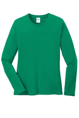 A green long sleeve cotton tee featuring a crew neck design and a logo on the label.