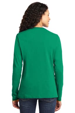 A green long sleeve tee from Port & Company, featuring a logo, viewed from the back.