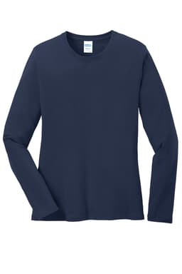 A navy long sleeve core cotton tee featuring a crew neck and a logo on the label.