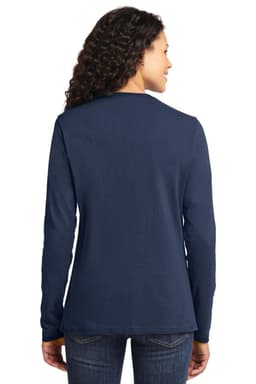 A navy long sleeve cotton t-shirt for ladies, featuring a simple design and a back view of the garment.