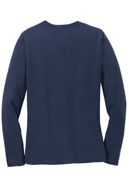 A navy long sleeve t-shirt with a plain back design and a logo on the label.