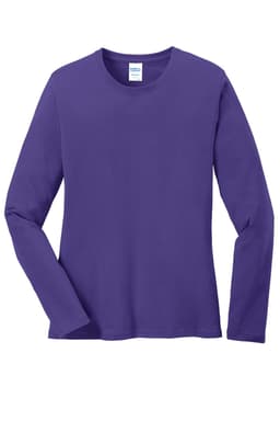 A purple long sleeve t-shirt made of core cotton, featuring a round neckline and a logo on the label.