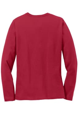 A red ladies long sleeve tee with a classic fit, featuring a subtle logo on the back.