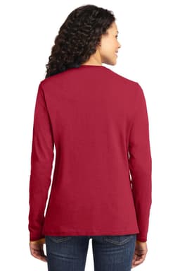 A red long sleeve tee for ladies, featuring a classic fit and a logo on the back.