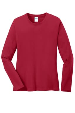 A long sleeve tee in deep red with a round neck. Features a logo on the label.