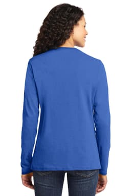 A woman wearing a long sleeve, royal blue cotton tee from the back. The shirt features a branding logo.