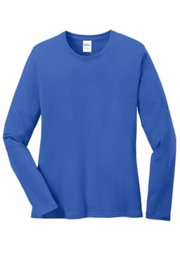 A long sleeve tee in bright blue, featuring a crew neck and a logo on the label. Made from core cotton material.