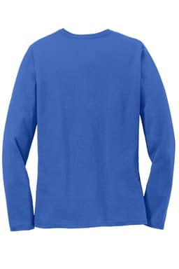 A blue long sleeve tee with a crew neckline, featuring a plain back design. It includes a logo or branding.