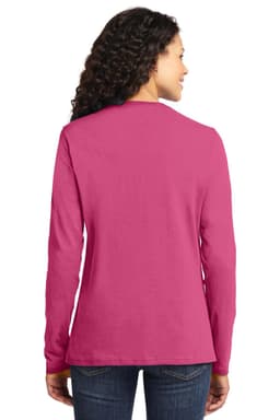 A long sleeve core cotton tee in vibrant pink, featuring a simplistic design and a logo on the back.