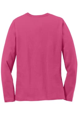 A pink long sleeve ladies t-shirt with a round neck and a plain back design. It features a logo on the neck area.