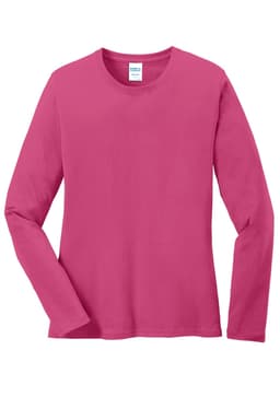 A pink long sleeve cotton tee with a crew neckline and a logo on the tag.