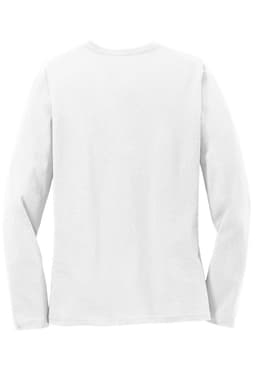 A white long sleeve cotton tee with a simple design, featuring a logo on the back.