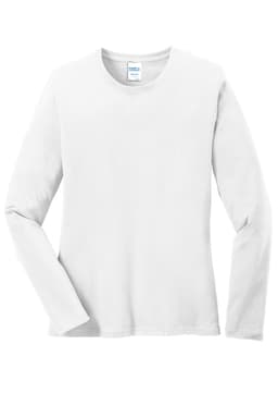 A white long sleeve women's cotton t-shirt with a round neckline and a logo on the label.