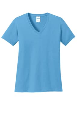 A light blue ladies' V-neck T-shirt made of cotton, featuring short sleeves and a logo label.