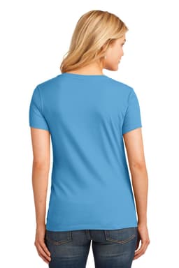 A blue women's V-neck T-shirt, featuring short sleeves and a simple design, with a logo on the back.