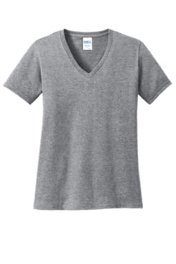 A grey ladies' V-neck T-shirt with short sleeves and a logo tag.