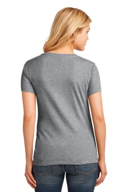 A ladies' grey V-neck T-shirt with short sleeves, featuring a brand logo on the back.
