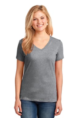 A grey ladies' v-neck t-shirt displayed on a female model with short sleeves and a relaxed fit.