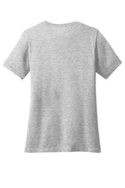 A grey ladies' V-neck T-shirt with short sleeves, featuring a plain back and a logo.