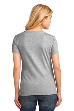 A grey ladies' v-neck t-shirt with short sleeves, viewed from the back, featuring a logo.
