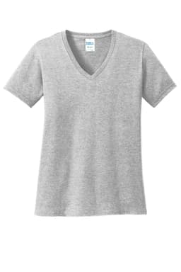 A grey ladies' v-neck t-shirt made from cotton, featuring short sleeves and a simple design.