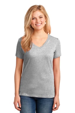 A grey ladies' v-neck t-shirt featuring a standard fit and short sleeves, with a branding logo.