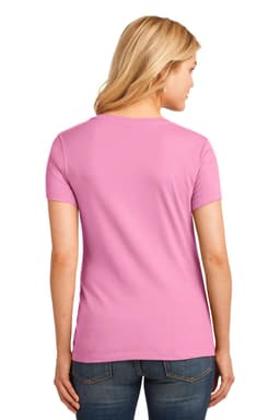 A pink ladies' V-neck t-shirt, featuring short sleeves and a simple design, shown from the back.