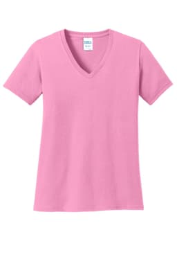 A pink V-neck t-shirt made from cotton with short sleeves, featuring a label inside the neckline.