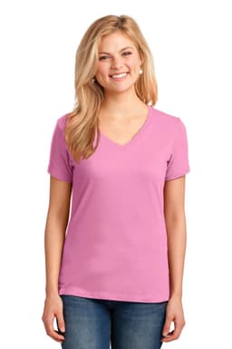 A pink ladies' v-neck t-shirt, featuring short sleeves and a fitted design. Includes a brand logo.