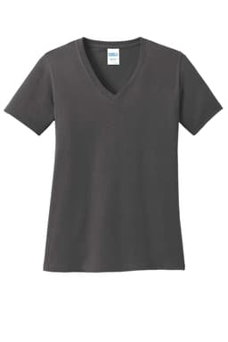 A dark grey women's V-neck T-shirt featuring short sleeves and a logo on the tag.