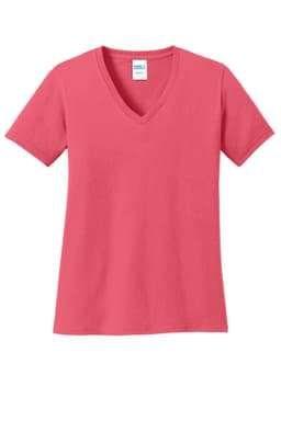 A coral v-neck t-shirt made from cotton, featuring short sleeves and a tag inside the neckline.