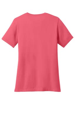 A pink ladies' V-neck T-shirt with short sleeves featuring a plain back design.
