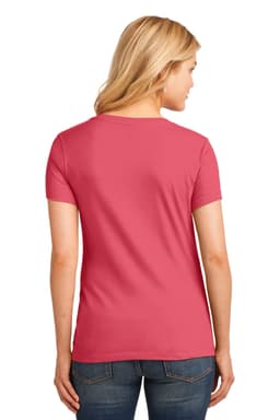 A pink women's V-neck T-shirt featuring a fitted design, shown from the back. The shirt has a logo on it.