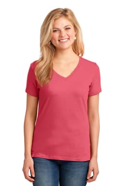 A pink ladies' V-neck T-shirt with short sleeves, featuring a branding logo on the shirt.