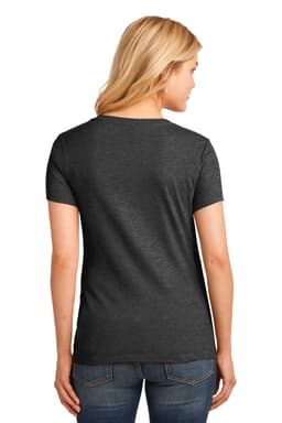 A back view of a grey ladies' V-neck t-shirt, featuring short sleeves and a fitted silhouette.