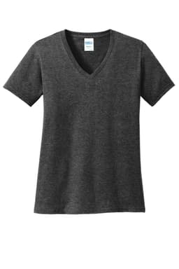 A dark grey V-neck T-shirt featuring short sleeves and a brand logo.