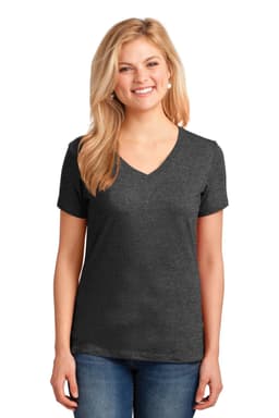 A grey ladies' V-neck T-shirt with short sleeves, featuring a logo on the front.