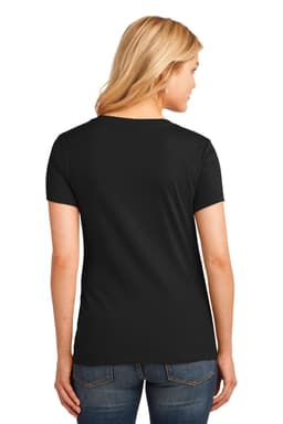 A black v-neck ladies' t-shirt featuring a casual design, shown from the back. It has a logo on the fabric.