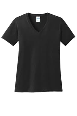 A black V-neck T-shirt made of core cotton with short sleeves, featuring a logo on the label.