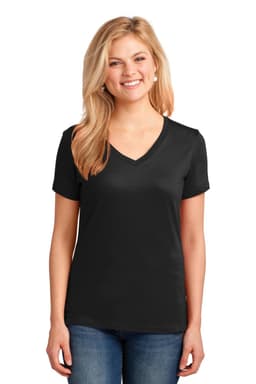 A woman models a black Port & Company ladies' core cotton V-neck tee shirt, featuring short sleeves and a relaxed fit.