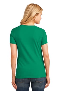 A green ladies' V-neck tee with short sleeves, viewed from the back. It features a logo on the back.