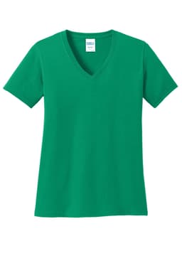 A green ladies' v-neck t-shirt made from core cotton, featuring short sleeves and a simple design.