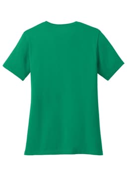 A green ladies' V-neck t-shirt, featuring short sleeves and a plain back design. It includes a logo.